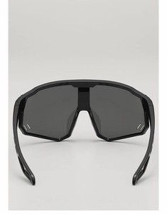 Rear view of black oversized kids sports cycling sunglasses with wide dark gray lens