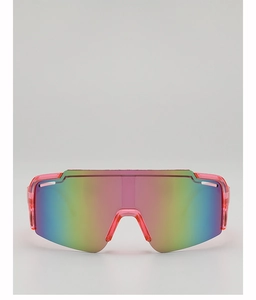 Close-up of kids cycling glasses with pink transparent frame and rainbow tinted lens