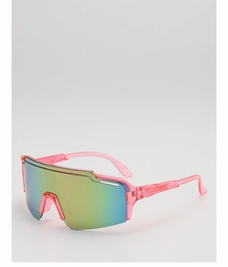 Close-up of kids cycling goggles with pink frame and colorful gradient mirrored lens