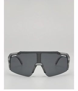 Front view of kids cycling sunglasses with gray transparent frame and large gray lenses