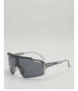 Detail of futuristic kids cycling goggles with translucent grey frame and dark grey lenses