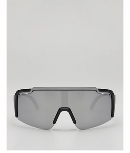 Front view of kids sports sunglasses with thick black frame and silver mirrored lenses