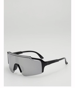 Detailed side view of kids sports sunglasses with silver mirror lens and black frame