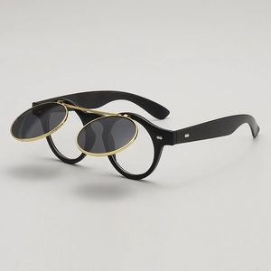 Lunettes de soleil rétro à double couche avec monture ronde noire et verres relevables