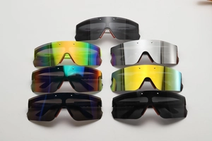 Detailed flat lay of children sports sunglasses in seven vivid mirror lens colors