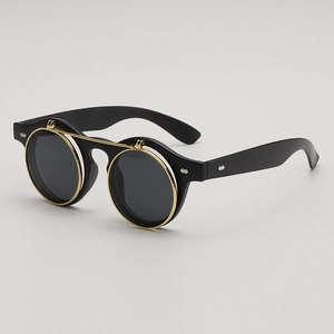 Lunettes de soleil rétro steampunk à double couche relevable avec monture ronde dorée