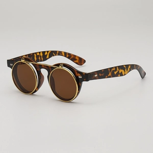 Lunettes de soleil rondes à rabat rétro écaille avec charnières en métal doré