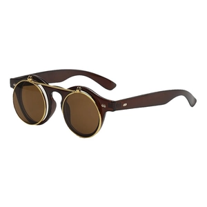 Lunettes de soleil steampunk à double verre relevable, monture ambre et pont en métal doré