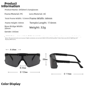 Detailed size chart for children's outdoor sunglasses with precise frame dimensions