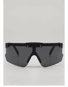 Front view of black shield kids cycling glasses with one-piece dark grey UV lenses