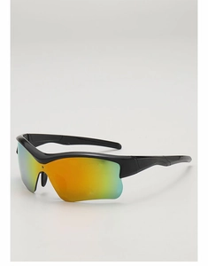 Détail de lunettes de sport avec monture noire et verres réfléchissants orange