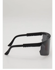Detail of children's sports sunglasses showing matte black frame and non-slip temple structure
