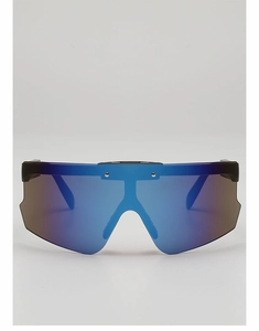 Macro view of blue mirrored visor sunglasses with metallic rivets and black temples