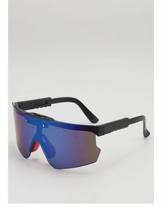 Detail view of children's sports sunglasses featuring a black frame and gradient blue lens