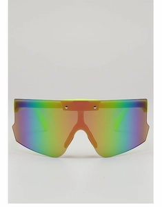 Front view of kids cycling sunglasses with iridescent lenses and neon green frames