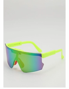 Detail of neon green sports sunglasses with rainbow mirrored lens and non-slip temples