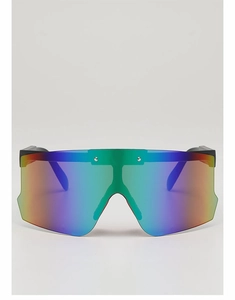 Close-up of children's cycling goggles featuring colorful rainbow mirrored lenses and black frame