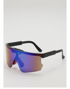 Detail of kids sports sunglasses showing purple mirrored lens and matte black frame