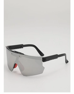 Detail view of silver mirrored cycling glasses with black frame and red nose pads