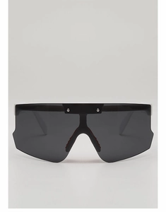 Front view of white shield cycling sunglasses with dark grey lenses and silver rivet detail