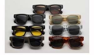 Collection of retro square sunglasses in various tortoiseshell and solid frame colors