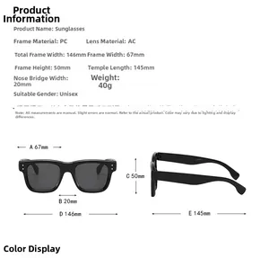 Detailed size chart for unisex square sunglasses showing frame and lens dimensions