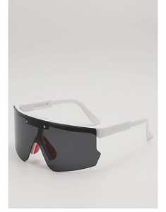 Detail view of white sport sunglasses for kids with red rubber nose pads and rivet trim