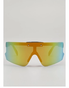 Frontal close-up of kids cycling goggles with vibrant orange-yellow rainbow gradient lenses
