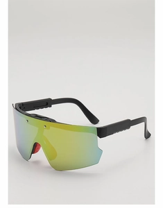Detail of colorful mirrored lens and red anti-slip nose pads on sports goggles