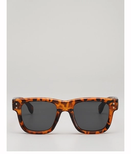 Front view of tortoise shell square sunglasses with silver rivet accents and grey lenses