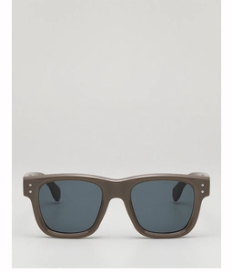 Detailed front view of square taupe sunglasses with small star metal rivets on corners