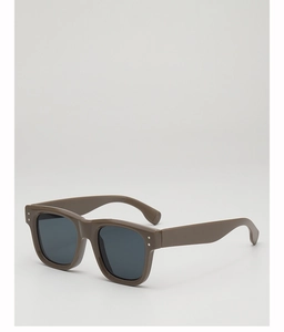 Detail of dark brown matte square frame sunglasses featuring silver star metal rivets