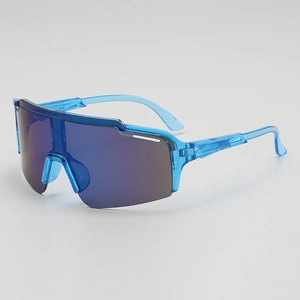 Kids sports sunglasses with blue transparent frames and iridescent purple lenses