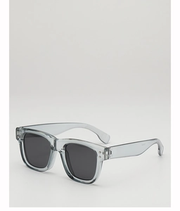 Detail view of square gray-blue translucent frame sunglasses with dark grey lenses