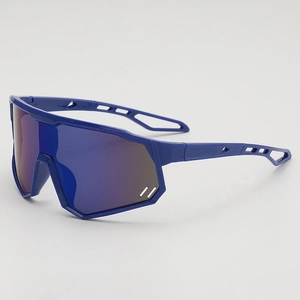 Kids sports cycling sunglasses with blue frame and oversized windproof rainbow lens