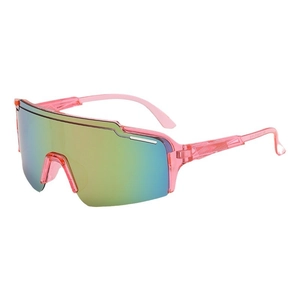 Kids sports cycling sunglasses with pink frame and rainbow mirrored gradient lenses