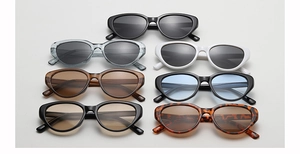 Detailed view of vintage cat-eye sunglasses collection in various trendy colors and frames