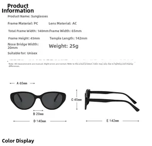 Detailed size chart for retro cat-eye sunglasses with precise frame dimensions