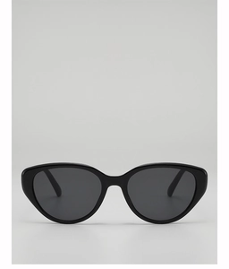 Close-up of classic black cat-eye sunglasses with high-gloss frame and dark grey lenses