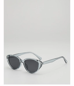 Detail view of translucent gray cat-eye sunglasses with dark protective lenses