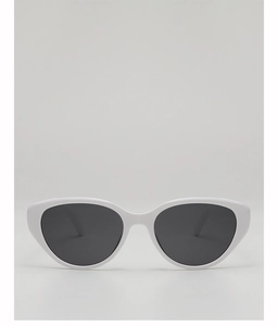 Detailed front view of white cat-eye sunglasses with dark grey UV protection lenses