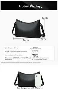 Detailed size chart of black lychee grain crossbody bag with smartphone comparison