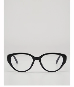 Close-up of classic black cat-eye sunglass frames with polished finish and clear lenses