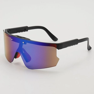 Kids cycling glasses with adjustable black frame and iridescent mirror lenses for outdoors
