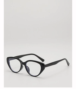Detailed close-up of glossy black cat-eye sunglasses with anti-blue light lenses