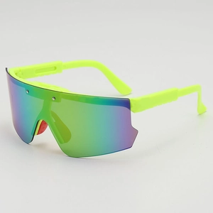 Kids sports sunglasses with neon green frame and colorful mirrored lenses for cycling