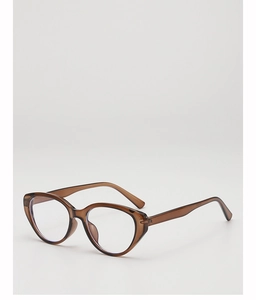 Detailed view of translucent brown acetate cat-eye glasses frame with retro design