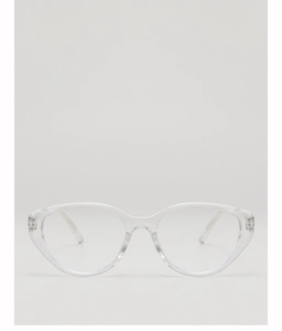 Detailed front view of retro cat-eye sunglasses with transparent frames and UV protection