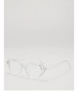 Macro shot of minimalist clear round frame sunglasses with a smooth transparent finish