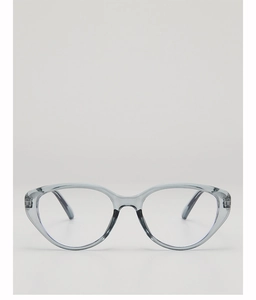 Macro shot of stylish transparent gray cat-eye frames with high-gloss finish details